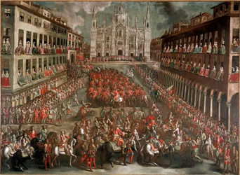 Guerra de Sucesión Española: “Fiestas organizadas para celebrar la entrada a Milán del Príncipe Eugenio de Saboya (1663-1736) al frente del ejército victorioso después de la batalla de Turín el 24/09/1706” (celebración en la Piazza Duomo en Milán por la v