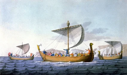 Guillermo el Conquistador y su Armada, camino de Inglaterra, ilustración de "Le costume ancien ou moderne", de J. Ferrario, Milán, hacia 1820 (grabado en color).