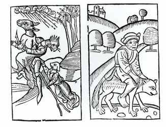 Brujas disfrazadas de animales montando una escoba (izquierda) y brujo masculino montando un lobo (derecha), copias de ilustraciones del Compendium Maleficarum por Fr M Guaccius, Milán 1608, usadas en Historia de la Magia