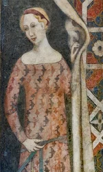 Mujer dibujando un paño con motivos geométricos, principios del siglo XV (fresco)