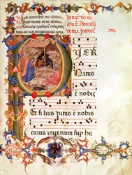 ds 1171 fol.9 Inicial historiada "P" que representa la Natividad, de un gradual y antífona (vitela)