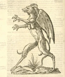 Ilustración de Monstrum alatum, & cornutum instar Cacodaemonis de Historia de Monstruos de Aldrovandi, 1642