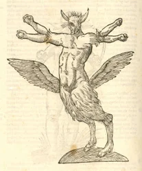 Ilustración de Monstrum tetrachiron alatum capite humano aurito de Historia de Monstruos de Aldrovandi, 1642