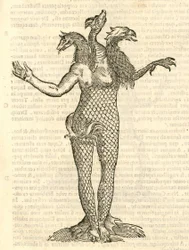 Ilustración de Monstrum triceps capite Vulpis, Draconis, & Aquilae de Historia de Monstruos de Aldrovandi, 1642