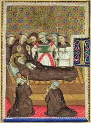 Inicial Historiada B que Representa a un Santo Franciscano en su Lecho de Muerte
