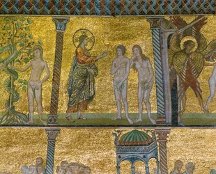 La Caída. Dios sorprende a Adán y Eva en el Jardín. (mosaico)
