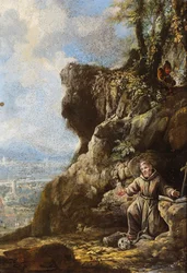 San Francisco en éxtasis junto a un peñasco, un paisaje más allá (óleo sobre cobre)