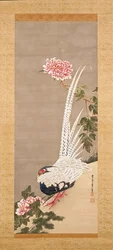 Silver Pheasant And Peonies (tinta y color sobre seda)