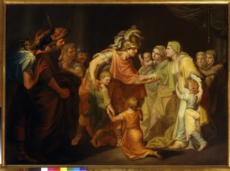 El príncipe ruso Sviatoslav I (c. 945-972) se reunió con su familia en Kiev tras la Campaña del Danubio de 967. Pintura de Ivan Akimovich Akimov (1754-1814)