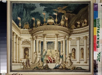 El Triunfo de las Musas. Projet du rideau pour le prologue musical de Alexander Alyabyev (1787-1851) y Alexis Verstsovsky (1799-1863). (Triunfo de las musas. Diseño de telón para el prólogo musical de A.Alyabyev y A.Verstovsky). Decoración antigua con Apol