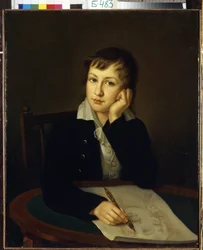 Retrato del Conde Alexander Nikolayevich Mordvinov (1799-1858). Joven adolescente, en su escritorio, con la cabeza y un portaminas, observando el rostro del pintor cuya cara está dibujando. Pintura de Ivan Alexeevich