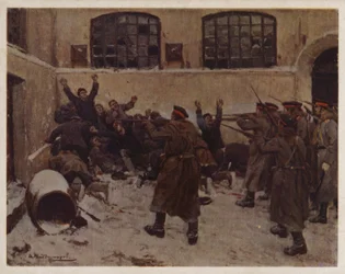 Soldados rusos disparando a los manifestantes en el distrito de Presnya de Moscú durante la Revolución de 1905 (litografía en color)