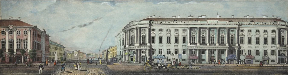 El Puente de la Policía con el Palacio Stroganov. Desde la panorámica de la Avenida Nevsky, 1830