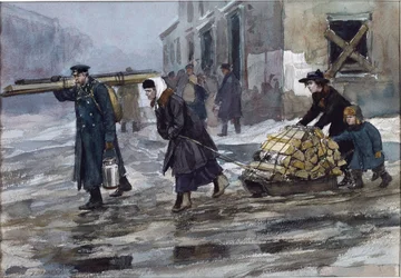 Una familia de un ingeniero arrastrando a casa algo de combustible por Vladimirov, Ivan Alexeyevich (1869-1947). Acuarela, gouache sobre papel