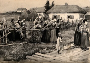 Una procesión religiosa de cólera en la Rusia rural de la serie de acuarelas Revolución rusa