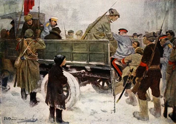 Detención de generales durante la revolución en febrero de 1917 (litografía en color)