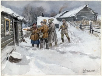 Avant la perquisition et la saisie - Antes de la búsqueda y captura (de la serie de acuarelas Revolución rusa) - Vladimirov, Ivan Alexeyevich (1869-1947) - 1920 - Acuarela sobre papel - 25,6x34,3 - Colección privada