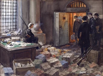 Confiscación de bonos en el Banco Wawelberg de Petrogrado por Vladimirov, Ivan Alexeyevich (1869-1947). Acuarela, gouache sobre papel