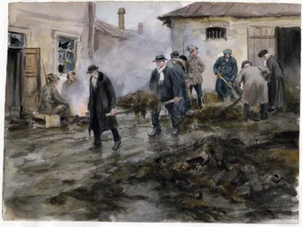 Bourgeois nettoyant une etable - Burguesía limpiando los establos (de la serie de acuarelas Revolución rusa) - Vladimirov, Ivan Alexeyevich (1869-1947) - 1920 - Acuarela sobre papel - 25,8x34,4 - Colección particular