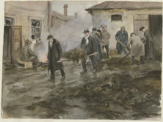Burguesía limpiando los establos de la serie de acuarelas Revolución rusa, 1920