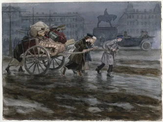 Famille demenageant ses affaires dans une charrette a bras - Family moving its belongings on cart (from the series of watercolors Russian revolution) - Vladimirov, Ivan Alexeyevich (1869-1947) - 1917-1918 - Acuarela sobre papel - 25,9x34,3 - Private Collec