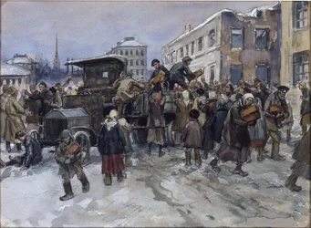 Obreros hambrientos en Petrogrado robando pan a un camión militar por Vladimirov, Ivan Alexeyevich (1869-1947). Acuarela, gouache sobre papel