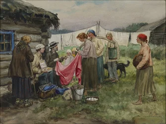 Años de hambre en Petrogrado. Cambio de mercancías por provisiones en un pueblo cerca de una estación de ferrocarril por Vladimirov, Ivan Alexeyevich (1869-1947). Acuarela, gouache sobre papel