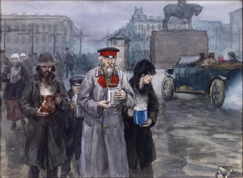 Años de hambre en Petrogrado. Regreso de un comedor comunitario por Vladimirov, Ivan Alexeyevich (1869-1947). Acuarela, gouache sobre papel