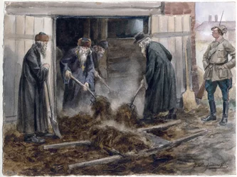 Le clerge russe pelletant le fumier - Clero ruso paleando heno: Septiembre de 1918 (de la serie de acuarelas Revolución rusa) - Vladimirov, Ivan Alexeyevich (1869-1947) - 1918 - Acuarela sobre papel - 25,8x34,3 - Colección particular