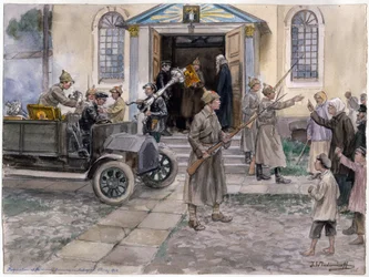 Requisa de los tesoros de la iglesia en Petrogrado el 5 de mayo de 1922, de la serie de acuarelas Revolución rusa, por Ivan Alexeyevich Vladimirov (1869-1947), 1922