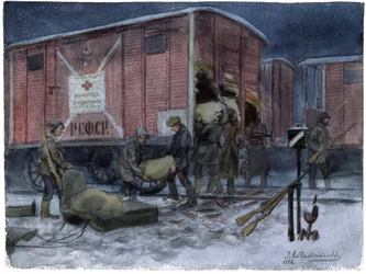 Soldats pillant un wagon de chemin de fer - Soldados saqueando un vagón de ferrocarril (de la serie de acuarelas Revolución rusa) - Vladimirov, Ivan Alexeyevich (1869-1947) - 1922 - Acuarela sobre papel - 25,8x34,1 - Colección particular