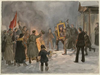 Soldados quemando cuadros (de la serie de acuarelas Revolución rusa) - Oeuvre de Ivan Alexeyevich Vladimirov (1869-1947) - 1917 - Acuarela sobre papel - 25,7x34,5 - Colección privada