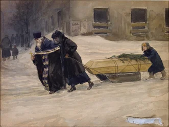 El funeral del padre por Vladimirov, Ivan Alexeyevich (1869-1947). Acuarela, gouache sobre papel