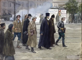 Los sacerdotes llevados a juicio por Vladimirov, Ivan Alexeyevich (1869-1947). Acuarela, gouache sobre papel