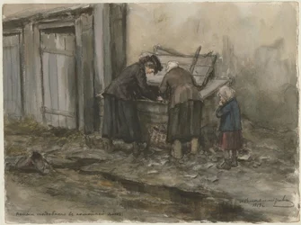 Dos mujeres y un niño buscando en un cubo de basura de la serie de acuarelas Revolución rusa
