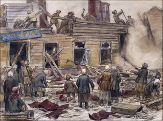 Obreros demoliendo casas de madera para obtener combustible por Vladimirov, Ivan Alexeyevich (1869-1947). Acuarela, gouache sobre papel