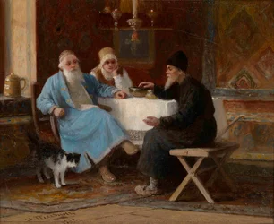 ""Conversación"" Tres figuras en una mesa - Pintura de Ivan Andreyevich Pelevin (1840-1917) 1909 Dim 15x20 cm Colección particular