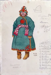 Dibujo de vestuario para la ópera ""The Tales of Tsar Saltan"" de Nicholas (Nikolai) Rimsky Korsakov (Rimsky-Korsakov) (1844-1908) (Diseño de vestuario para la ópera The Tale of Tsar Saltan de N. Rimsky-Korsakov (Rimsky Korsakov) Dibujo de Ivan Yakolevich 