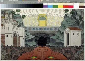 Dibujo preparatorio para la obra ""Le Miracle de Theophile"" de Rutebeuf (1230-1285) (Escenografía para la obra Le Miracle de Theophile de Rutebeuf). Pintura de Ivan Yakolevich Bilibin (Bilibin) (1876-1942). Acuarela y tinta sobre papel, 39,5 x 64 cm