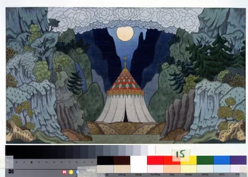 Dibujo preparatorio para la escenografía de la ópera El gallo de oro de Nikolái Rimski-Kórsakov (1844-1908). Dibujo de Ivan Yakovlevich Bilibin