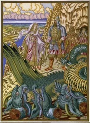 Dobrynia Nikitich salva a Zabava Putyatishna del dragón Gorynych. (Dobrynya Nikitich rescata a Zabava Putyatishna del Dragón Gorynych). Cuento popular tradicional de la Rus de Kiev. Obra de Ivan Yakovlevich Bilibin (Bilibin) (1876-1942), acuarela y gouac