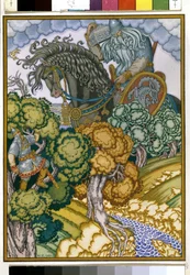 Ilia de Murom encaramado en un árbol observa el regreso del gigante que lleva un cofre de cristal. Ilustración para ""Ilia Muromets y Sviatogor"". Obra de Ivan Yakovlevich Bilibin (Bilibin) (1876-1942), acuarela y gouache sobre papel