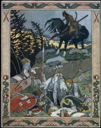 Ilustración para el cuento de hadas Maria des mers (Ilustración para el cuento de hadas Marya Morevna). El príncipe Iván descubre al ejército derrotado por María Morevna, la reina guerrera. Obra de Ivan Yakovlevich Bilibin (Bilibin) (1876-1942), acuarela y