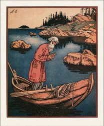 Ilustración para El cuento del pescador y el pez par Bilibin, Ivan Yakovlevich (1876-1942)