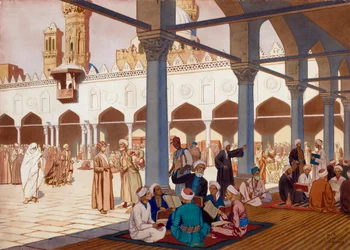 El patio de la Universidad Al-Azhar en la mezquita del mismo nombre en El Cairo, Egipto (Patio de la Mezquita y Universidad Al-Azhar, El Cairo) - Obra de Ivan Yakovlevich Bilibin (Bilibin) (1876-1942), acuarela y gouache sobre cartón