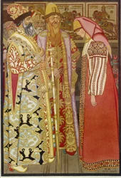 La esposa del arquero ante el zar y su séquito, ilustración del cuento ruso ""Ve, no sé adónde, trae de vuelta no sé qué"" (La esposa del arquero ante el zar y su séquito) - Pintura de Ivan Yakolevich Bilibina (Bilibina) (1876-1942)