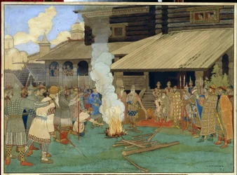 Administración de justicia en la Rus de Kiev. En la plaza pública, en la época del príncipe Yaroslav Vladimirovich, conocido como el Sabio (978-1054), escenario de calvario, juicio de Dios, el acusado se arrodilla