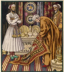 El príncipe Ali compra una alfombra mágica. Ilustración para un cuento árabe. (Príncipe Ali comprando una alfombra). Pintura de Ivan Yakolevich Bilibin (Bilibin) (1876-1942). Acuarela sobre papel. San Petersburgo, Museo Estatal Ruso.