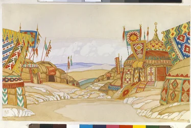 El campo militar de Polovtsien (o Couman, Kouman). Decoración para la ópera ""Prince Igor"" de Alexandre Borodin (Borodin) (1833-1887). Obra de Ivan Yakovlevich Bilibin (Bilibin) (1876-1942), acuarela sobre papel