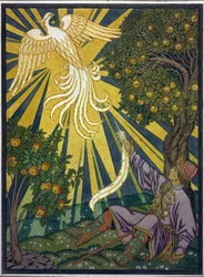 El príncipe agarra una pluma del pájaro de fuego. Ilustración para el cuento ""Ivan Tsarevitch, el pájaro de fuego y el lobo gris"". Obra de Ivan Yakovlevich Bilibin (Bilibine) (1876-1942), acuarela y gouache sobre papel. Arte ruso, siglo XX, simbolismo.